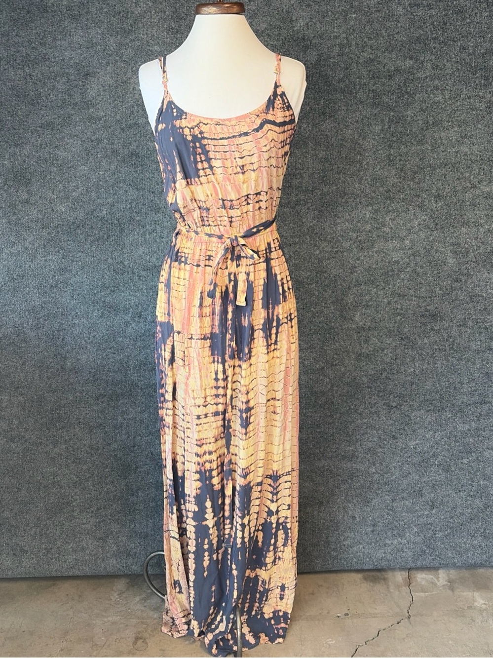 Michael Stars Maxi Dress Women Small‎ Peach Navy Tie-Dye Adjustable Tie Waist